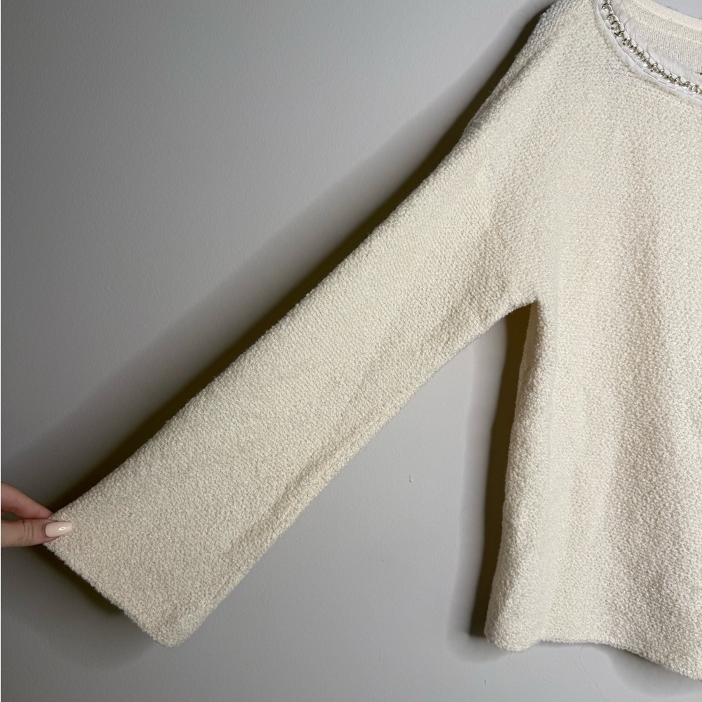 St. John Couture women's cream sweater with chain-like & ribbon trim - Picture 2 of 7